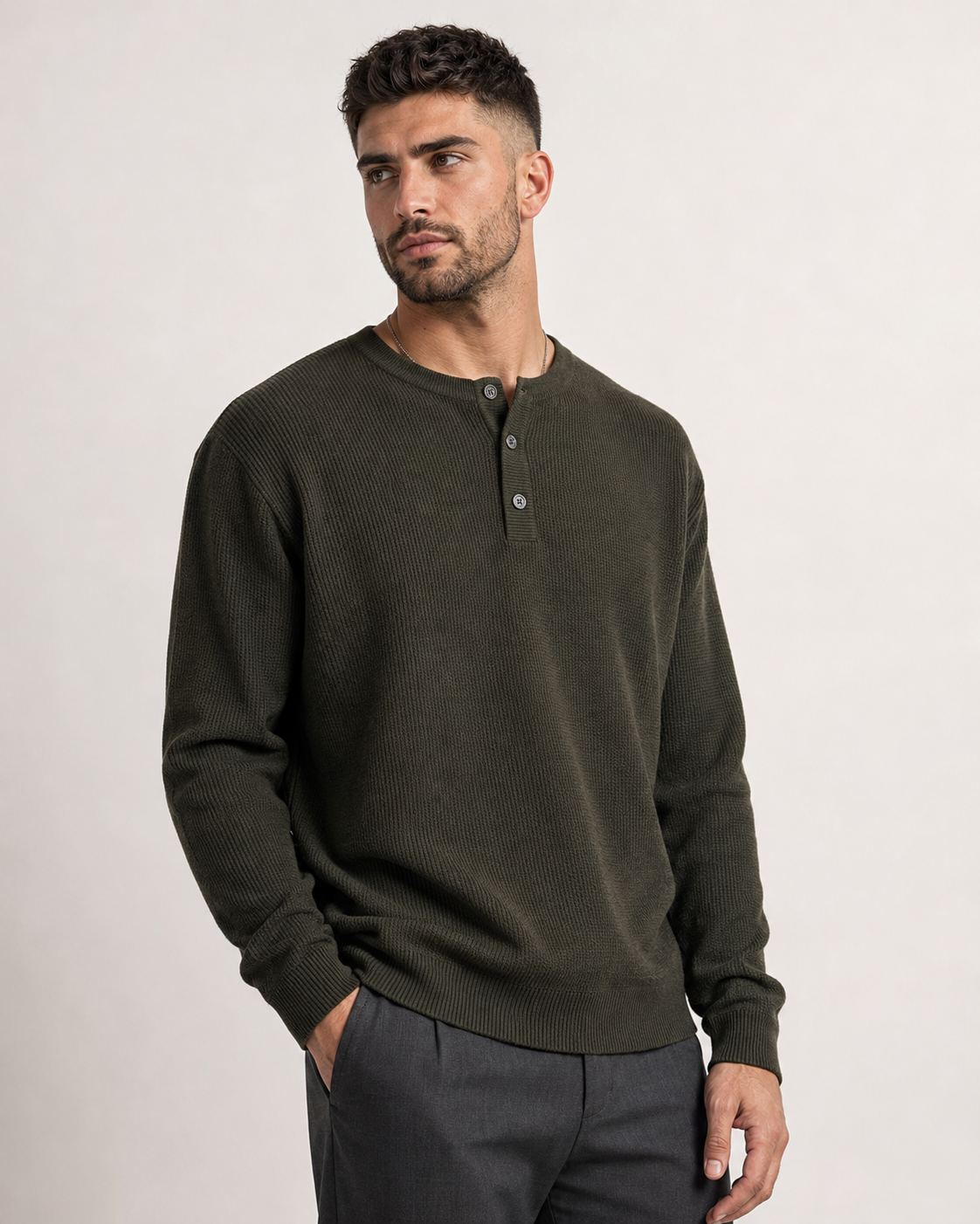 Waffle Knit Long Sleeve Henley
